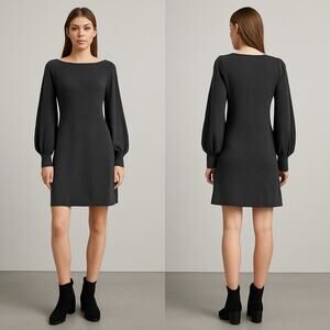 Max Studio Women’s Medium Charcoal Gray Knit Sweater Dress Long Sleeve Puff Cuff